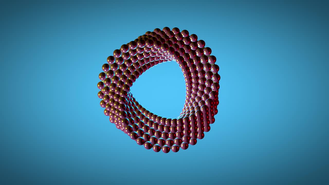 animación de bucle abstracto en 3d de una espiral retorcida hecha de esferas rojas de plástico brillantes con fondo de gradiente azul.