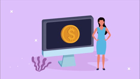 dispositivo de escritorio con mujer y moneda dólar tecnología de comercio electrónico