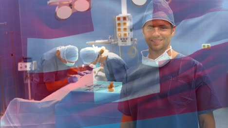 Animation-of-flag-of-switzerland-waving-over-surgeons-in-operating-theatre