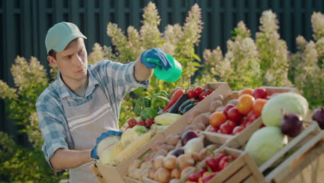 Man-sprinkles-vegetables-on-the-counter-with-water.-Trade-at-the-farmers-market