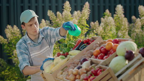 el hombre salpica las verduras en el mostrador con agua. comercio en el mercado de agricultores