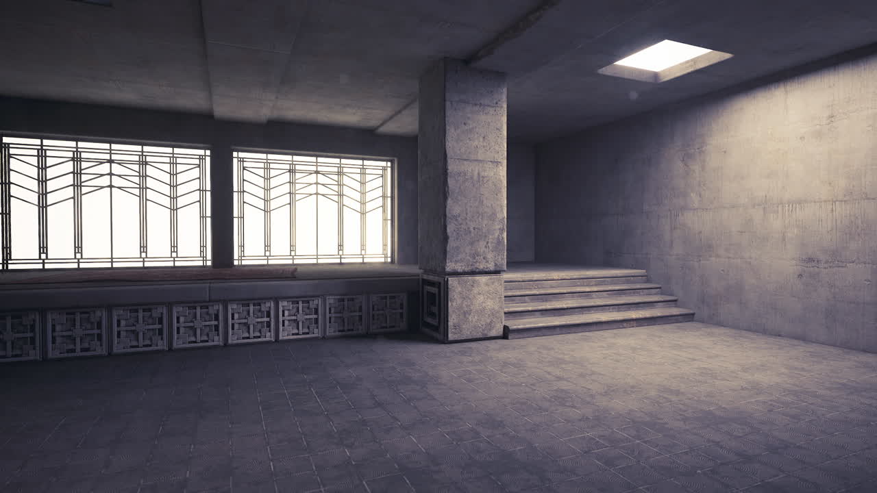 Modernes Betoninterieur mit großen Fenstern und hereinströmendem natürlichem Licht.