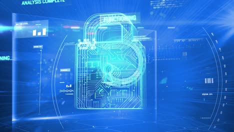 animation of padlock with computer circuit board and data processing over blue background