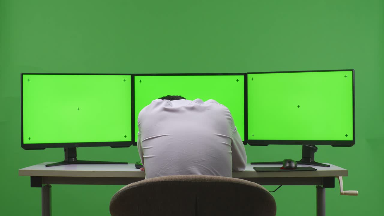 hombre cansado en el escritorio de triple monitor