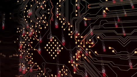 glowing pathways and binary code animation on circuit board