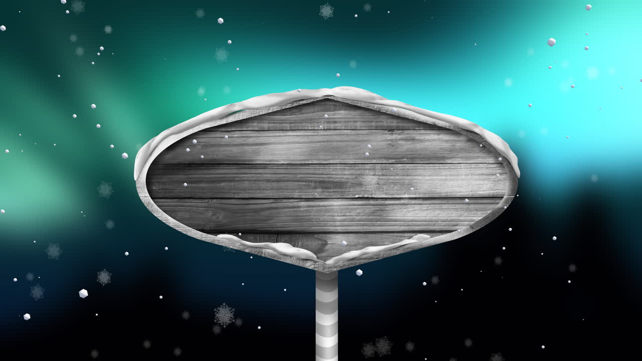 Animation of christmas wooden sign with copy space and snow falling background