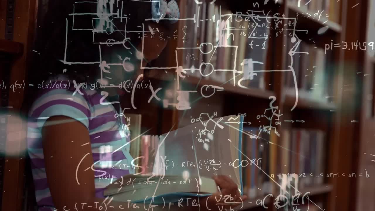 Animation of connections and data processing over schoolgirl reading