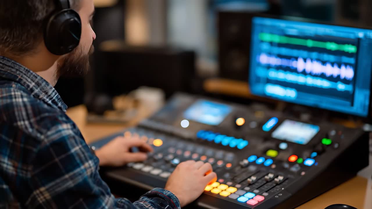 man working with audio mixing console and headphones