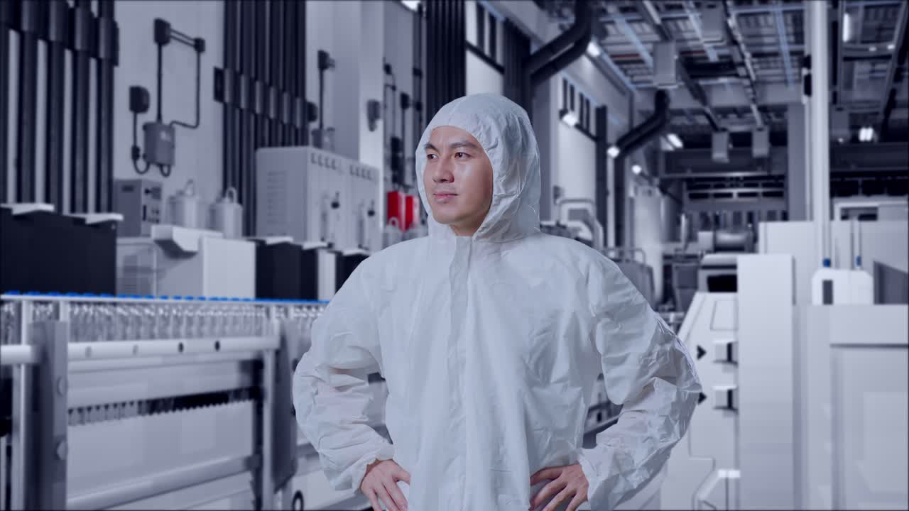 Asian Male Scientist Putting Hands On His Hip And Looking Around In Water Factory, Water Bottles on Production Line
