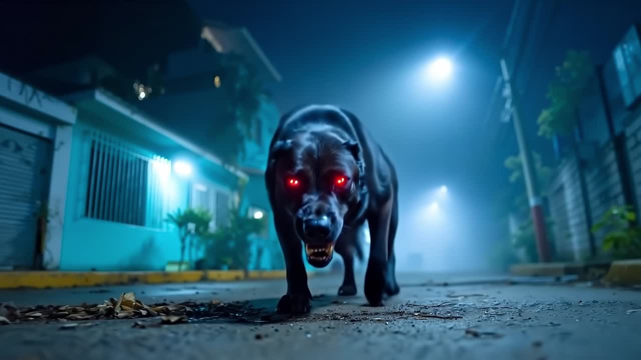 A black dog with red eyes walking down a street at night