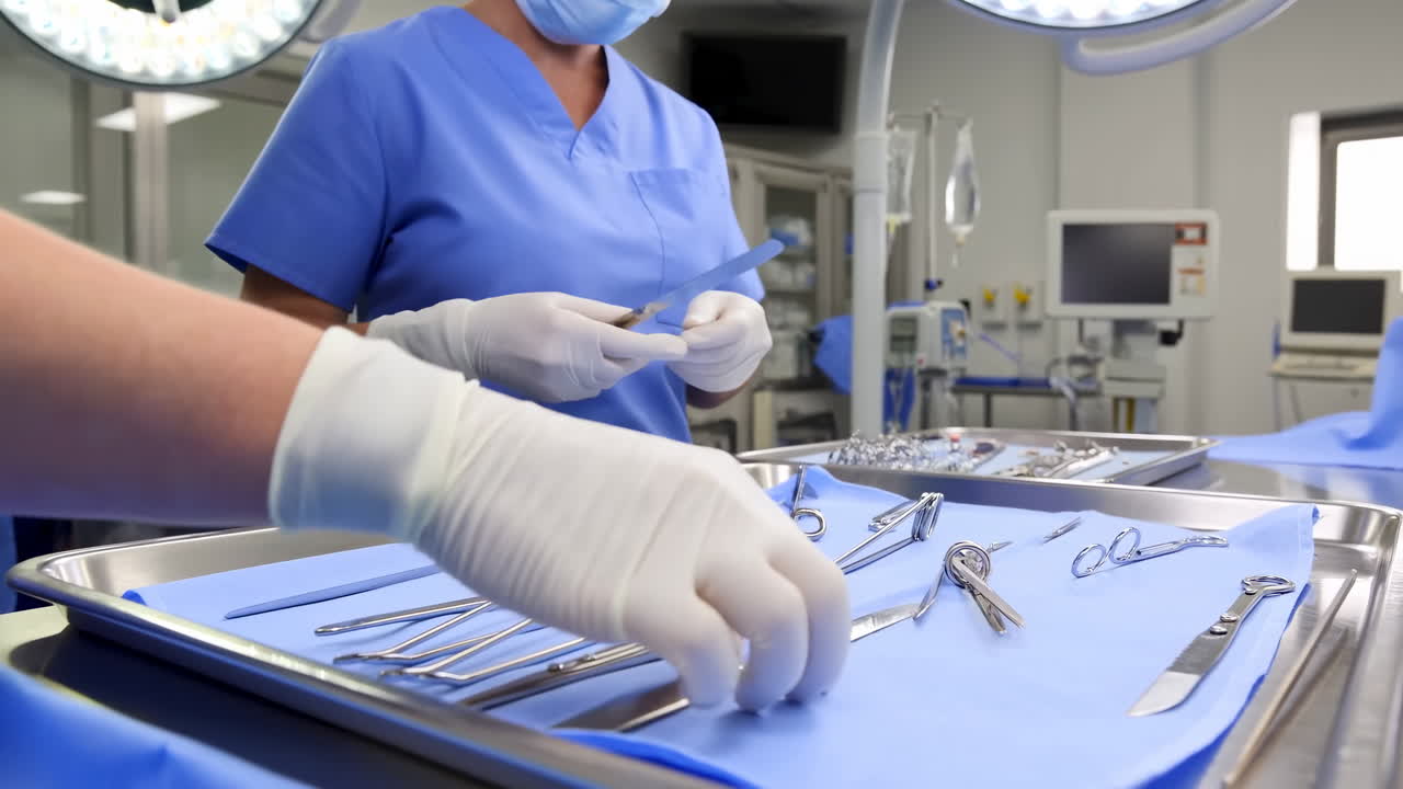 Bandeja de Instrumentos Cirúrgicos em Campo Azul, Enfermeira Instrumentadora de Uniforme Azul com Luvas Seleciona Cuidadosamente