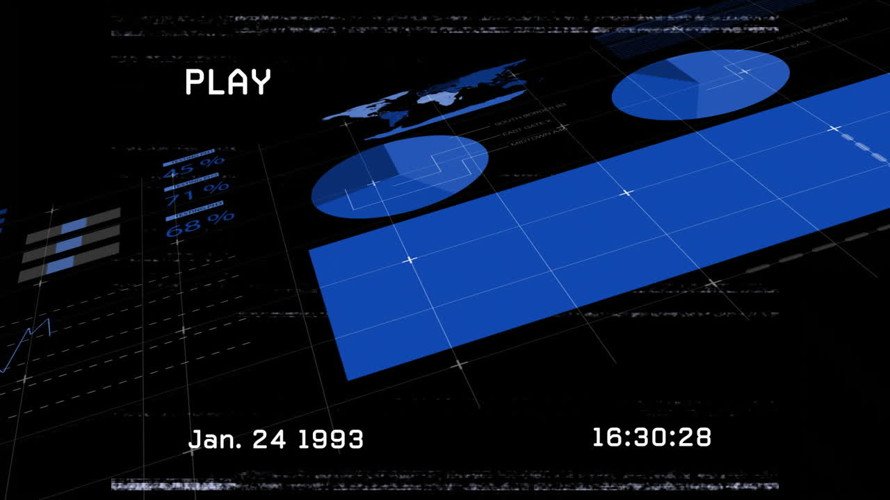 Animation of digital interface displaying graphs and world map with date and time