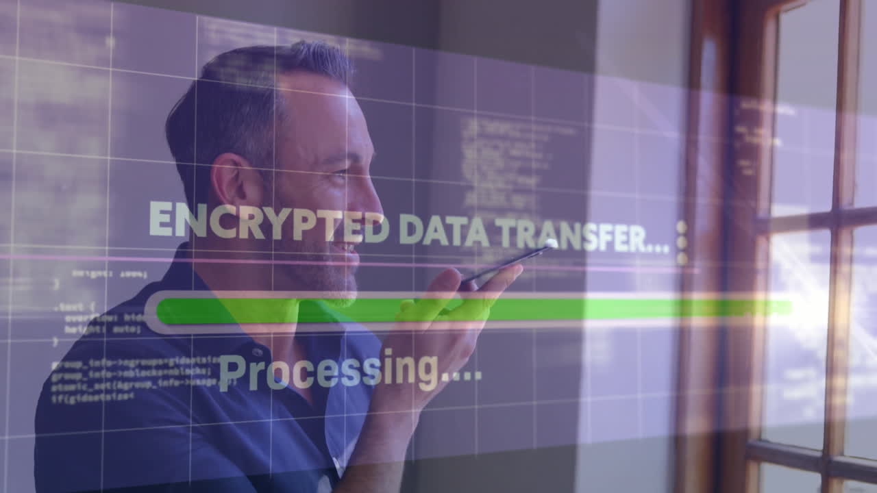 Male tech pro speaking into smartphone, showing encrypted data transfer with code and grid overlays