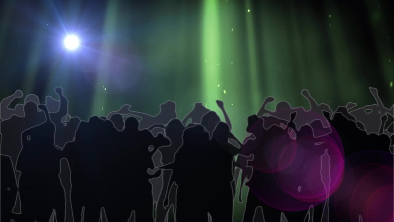 Digital animation af grønne og lilla skinnende lys over silhuetter af dansende mennesker.