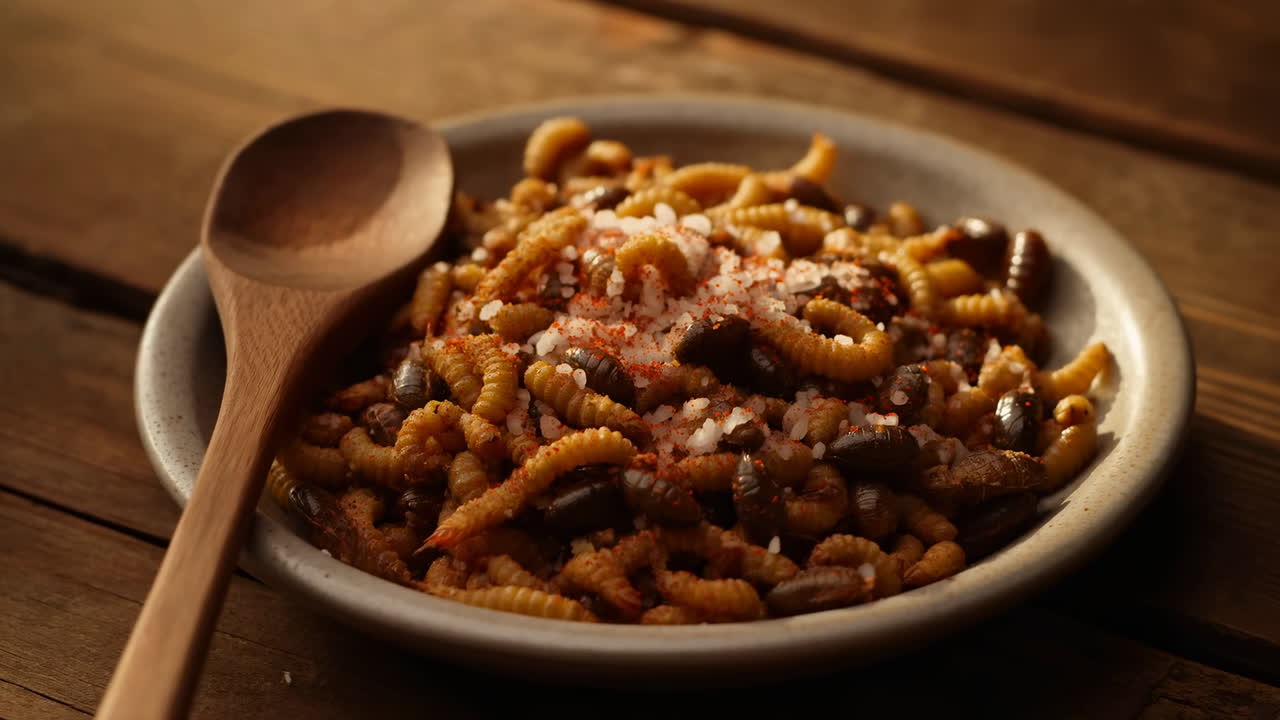Warm Rustic Bowl Mealworms Wooden Spoon Closeup Of Gourmet Edible Insects Seasoned With Salt On Wooden Table,