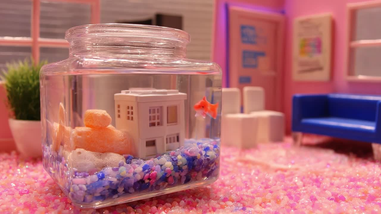 Captivating Miniature Aquarium with Goldfish, Colorful Pebbles, and Cute House Model, All Set in a Vibrant and Cozy Room Environment