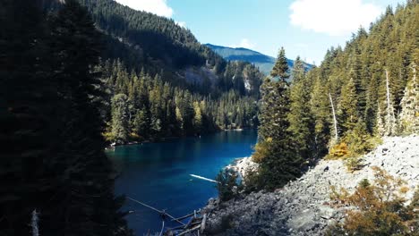 toma aérea de un lago azul brillante en un valle de montaña