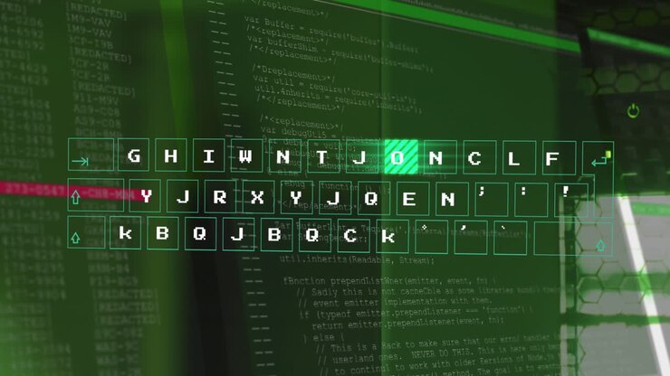 Animation of data processing and keyboard over server room