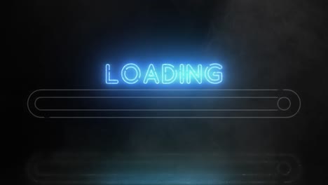 ultraviolet glowing neon loading progress bar icon with smoke or fog effect. bar uploading led sign with flashing light and reflection on wet floor on a black background. abstract banner animation 4k.