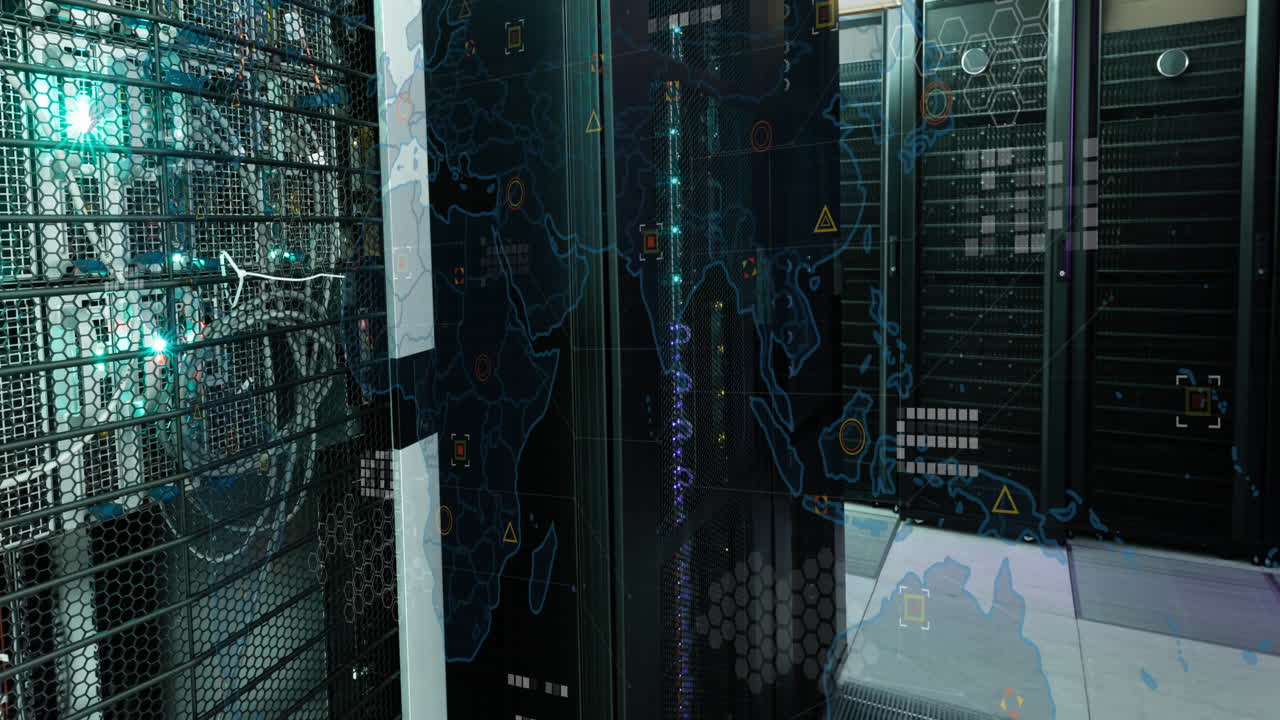 Animation of data processing and world map over server room
