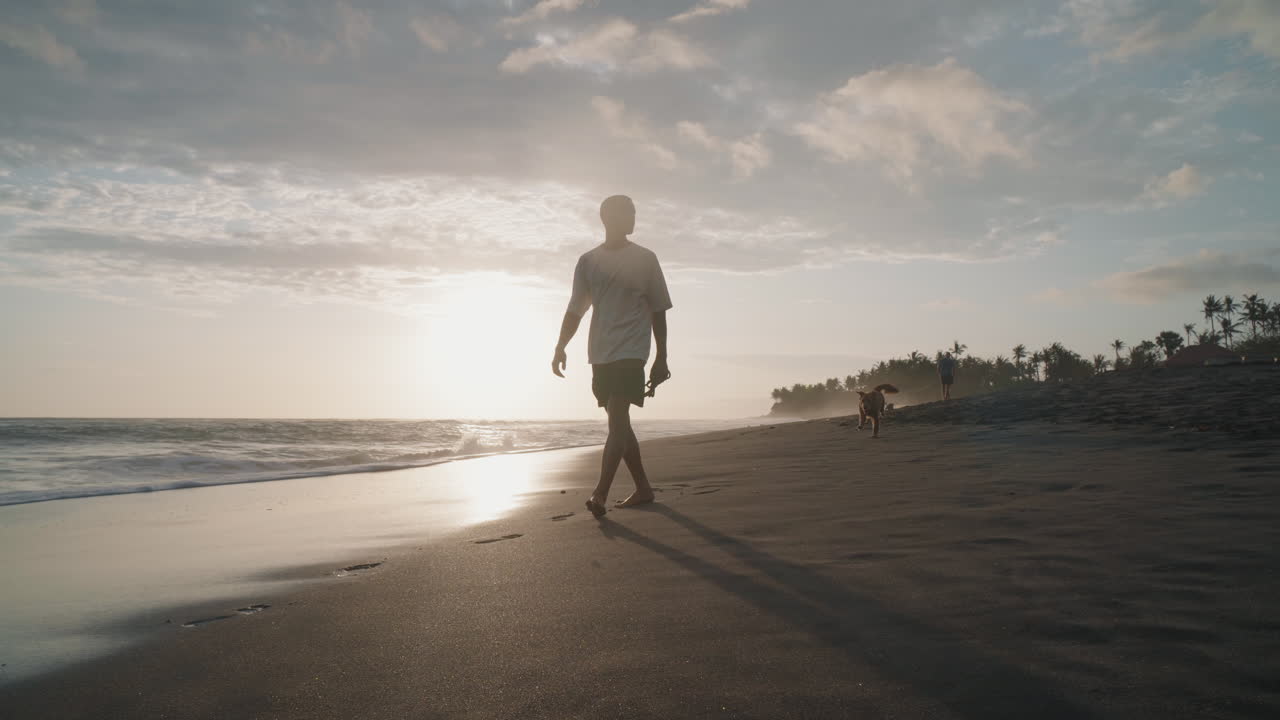un tipo paseando con un perro en una playa de arena.