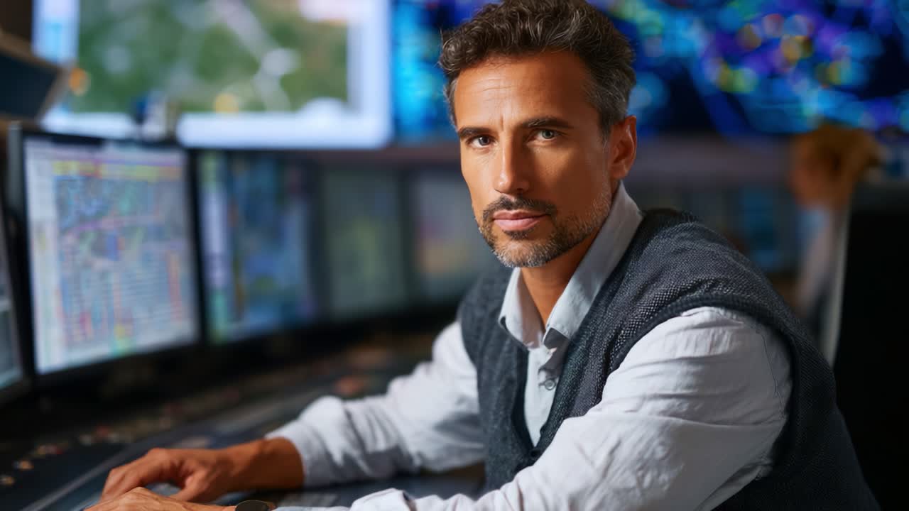 Focused Professional at a Digital Control Center Analyzing Data Displays and Monitoring Information for Critical Decision-making Processes