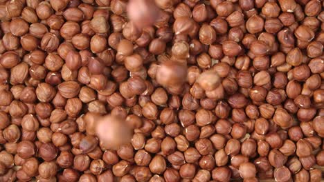 brown hazelnuts fall on a pile of peeled nuts. top view of hazel kernels close up. beautiful background of natural organic food. slow motion