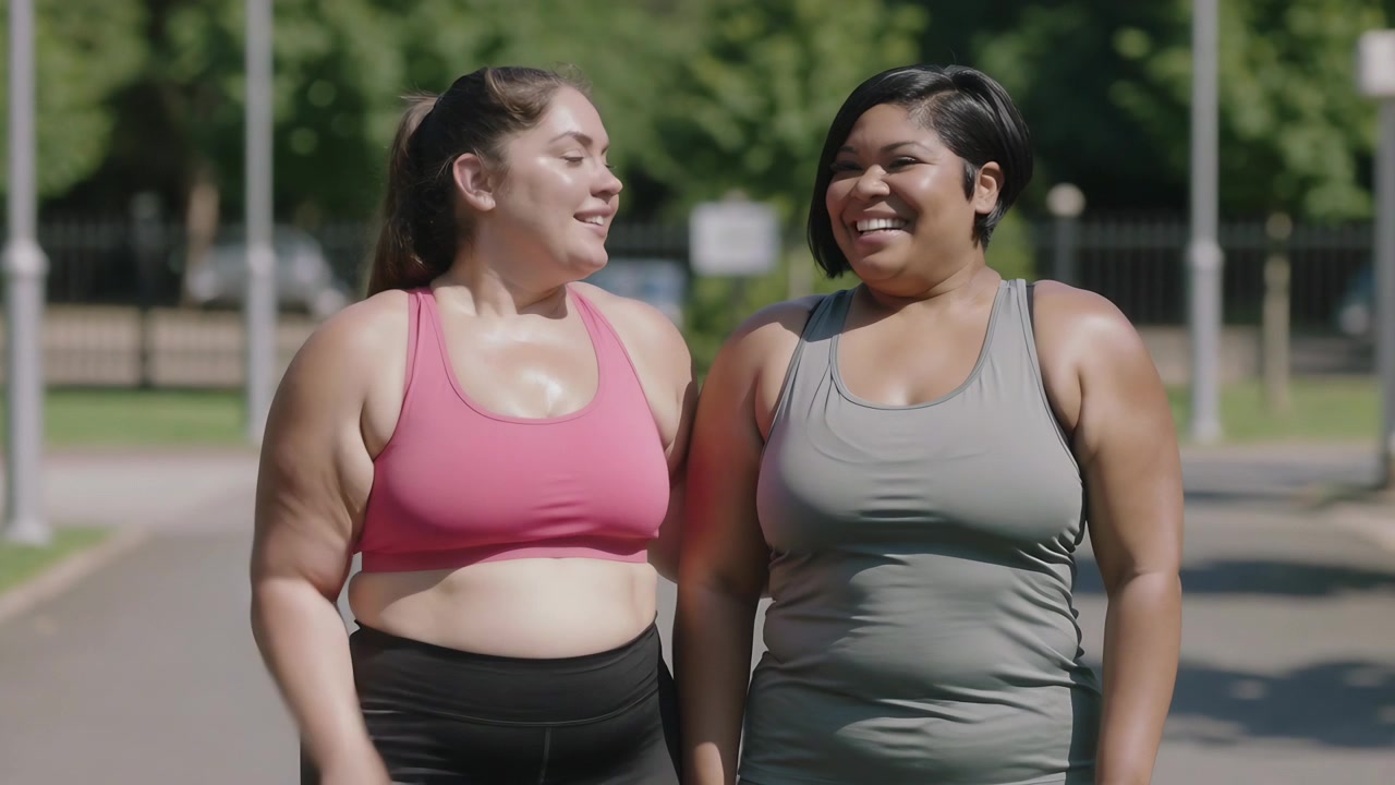 Due donne in abbigliamento sportivo camminano e si allenano al sole, chiacchierando e asciugandosi il sudore su un sentiero del parco, sorridendo.