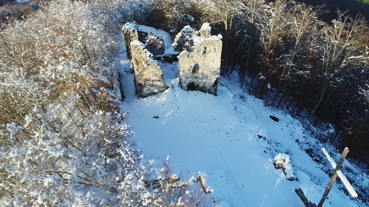 Aerial Drone Shot Of Abandoned Castle and Chapel Ruins in Slovenia