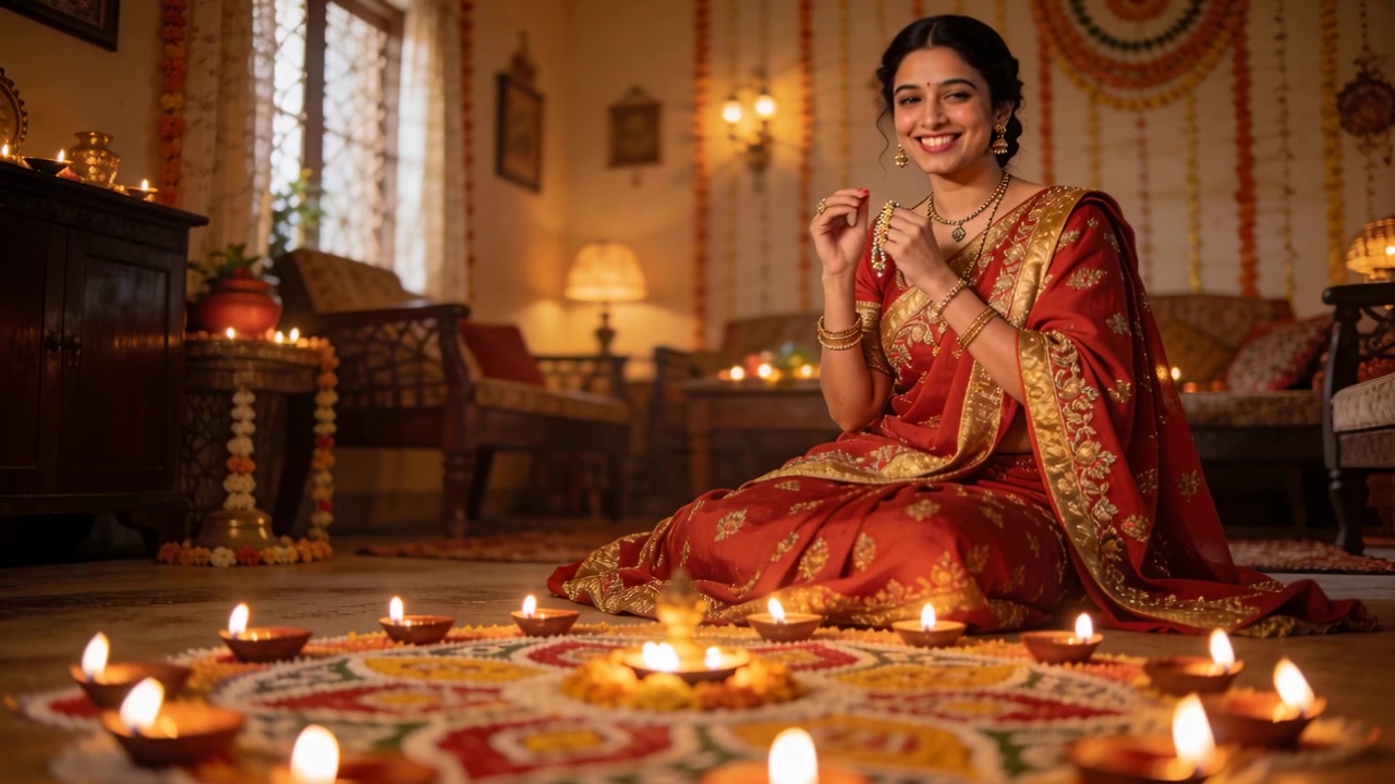 Donna che allaccia una collana d'oro in un sari rosso a casa vicino a rangoli e diya, mentre prepara il puja