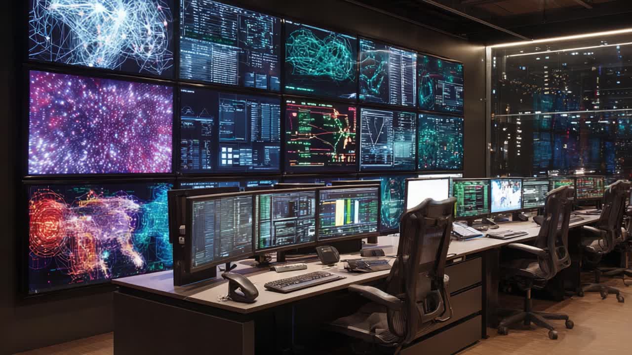 High-Tech Control Room Featuring Multiple Monitors with Data Visualizations and Network Analytics in a Modern Design Environment