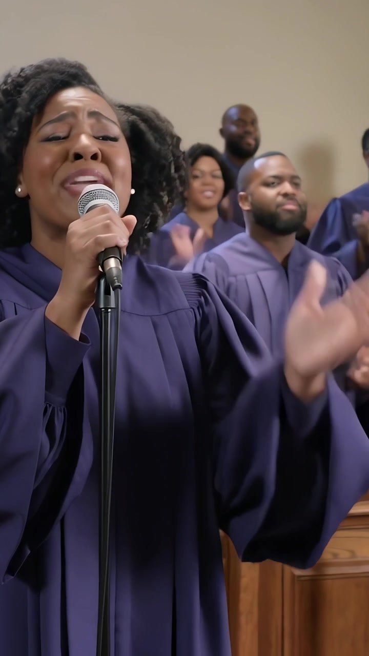 Video verticale: Il solista del coro, in veste viola, canta la prima nota al microfono in chiesa, guidando la lode.
