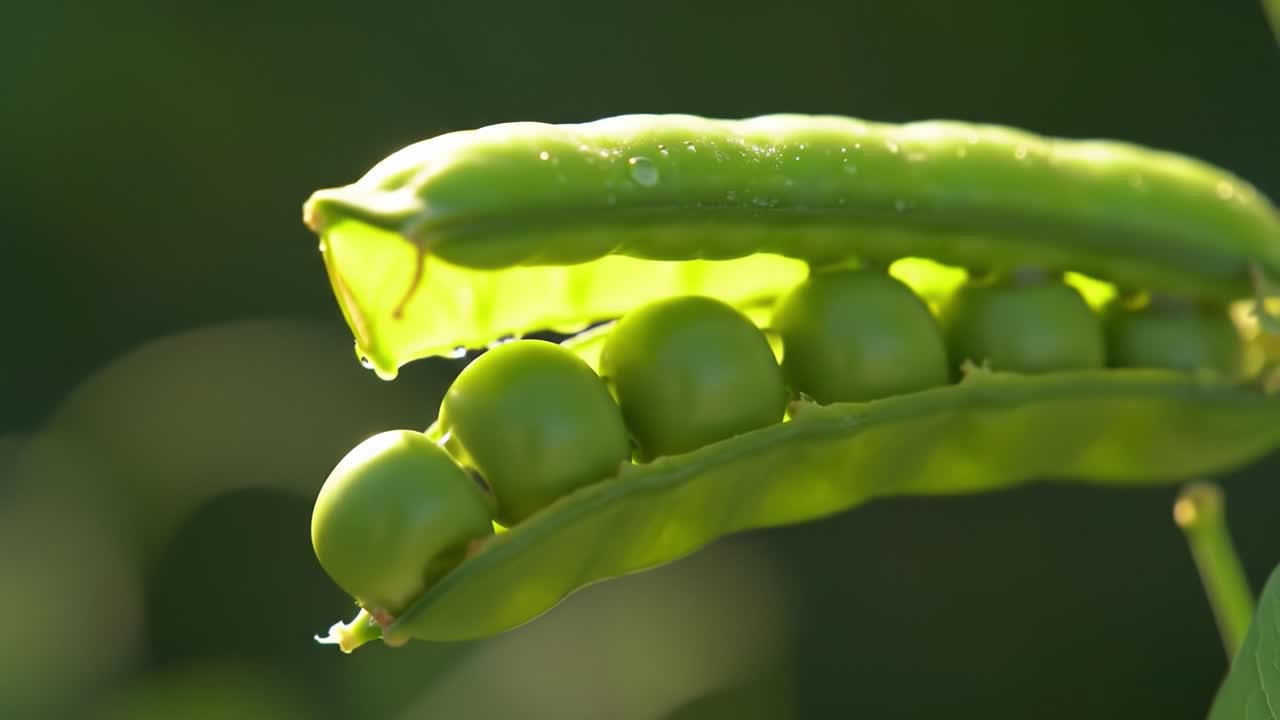 A close-up view of fresh green pea pods revealing vibrant peas, glistening with droplets of water, symbolizing the beauty and freshness of nature's bounty in a serene garden setting