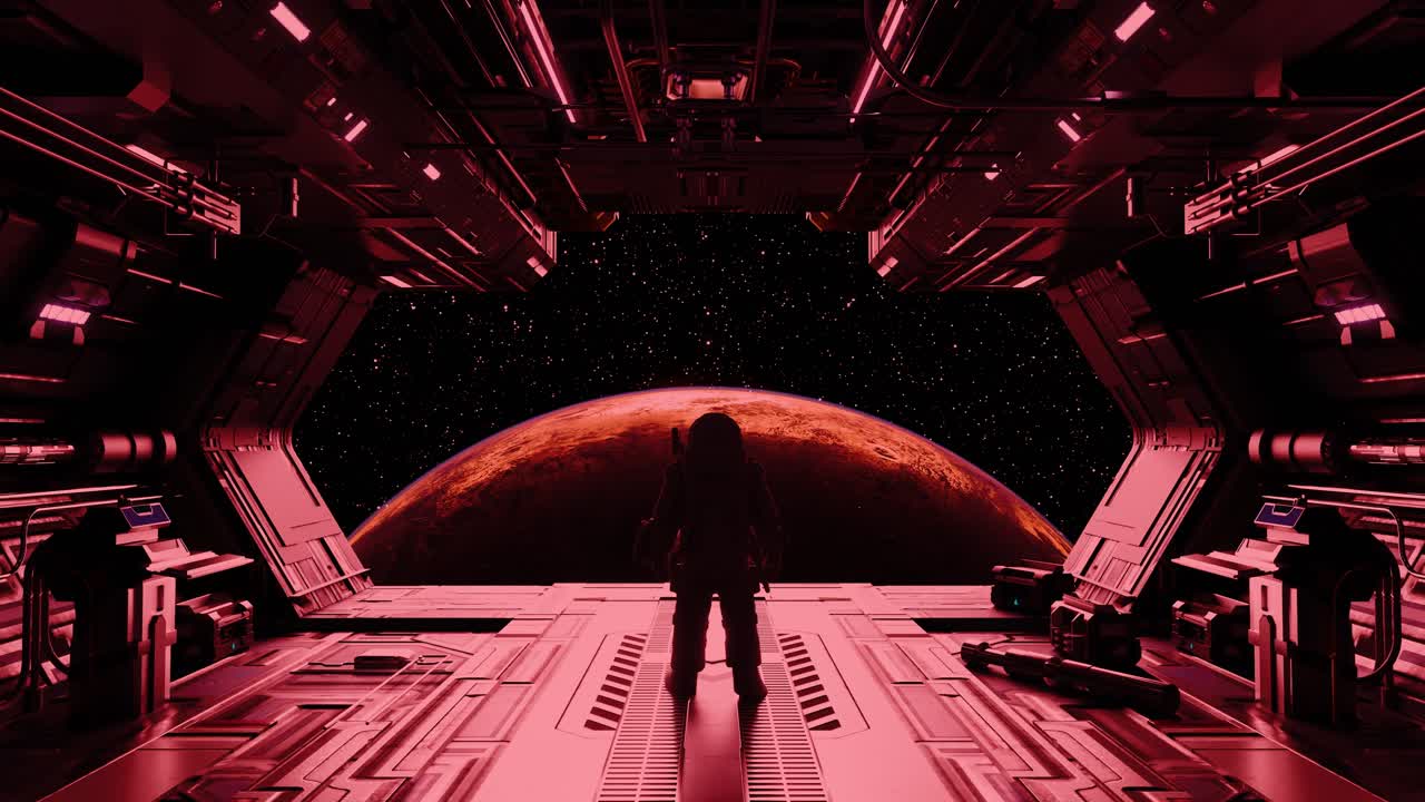 Lone astronaut contemplating mars from spaceship bay