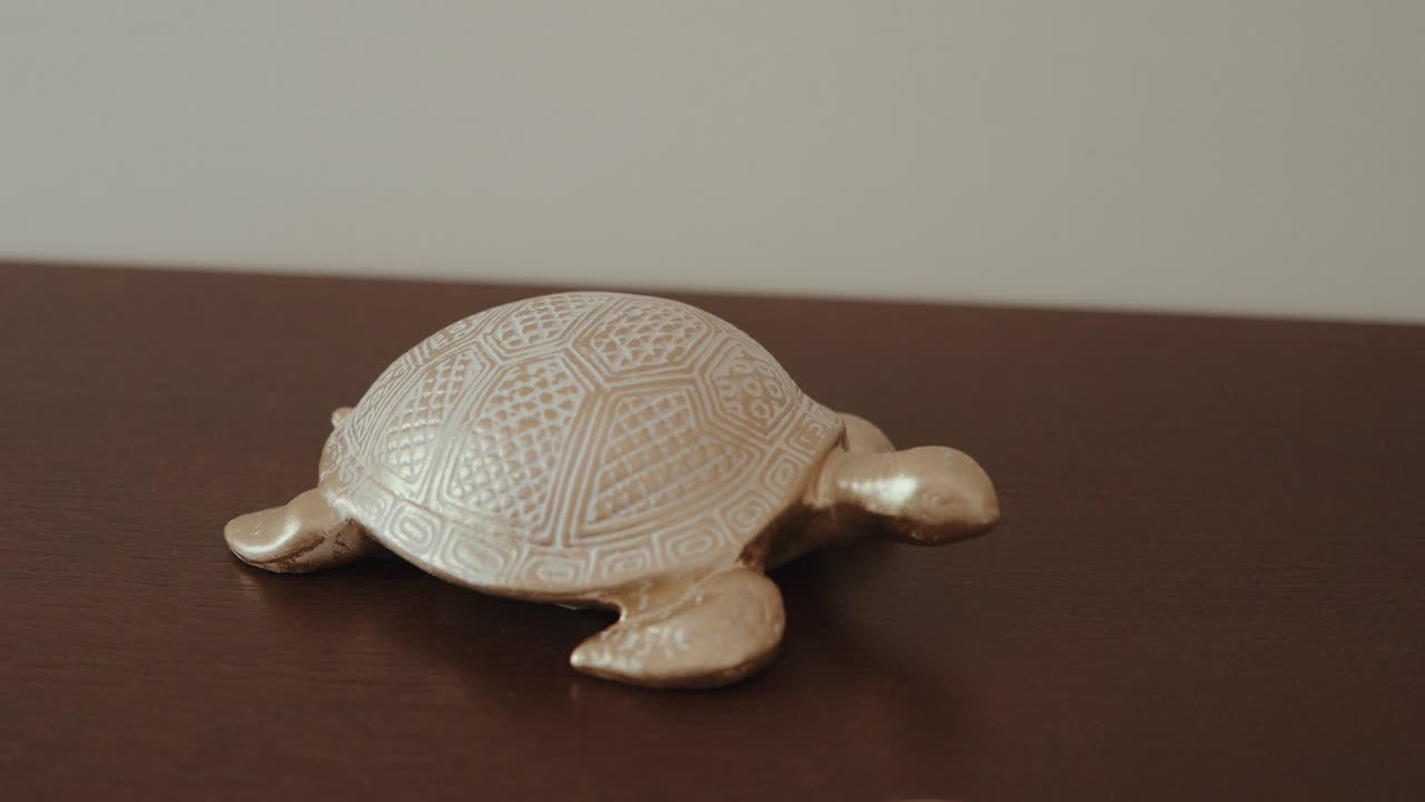 Close up of a golden turtle ornament with detailed shell pattern placed on a wooden table