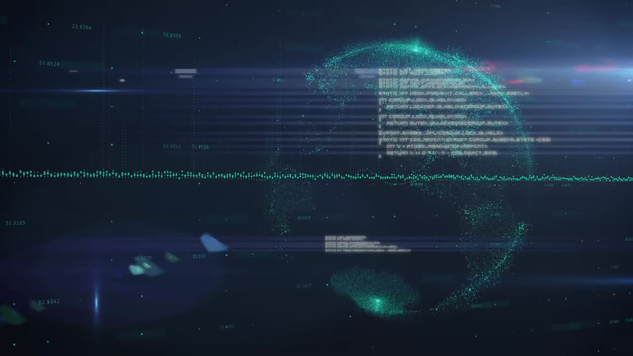 Animation of rotating glowing globe with circuitboard and data processing, on black