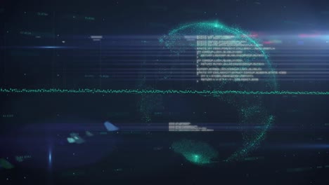Animation-of-rotating-glowing-globe-with-circuitboard-and-data-processing,-on-black