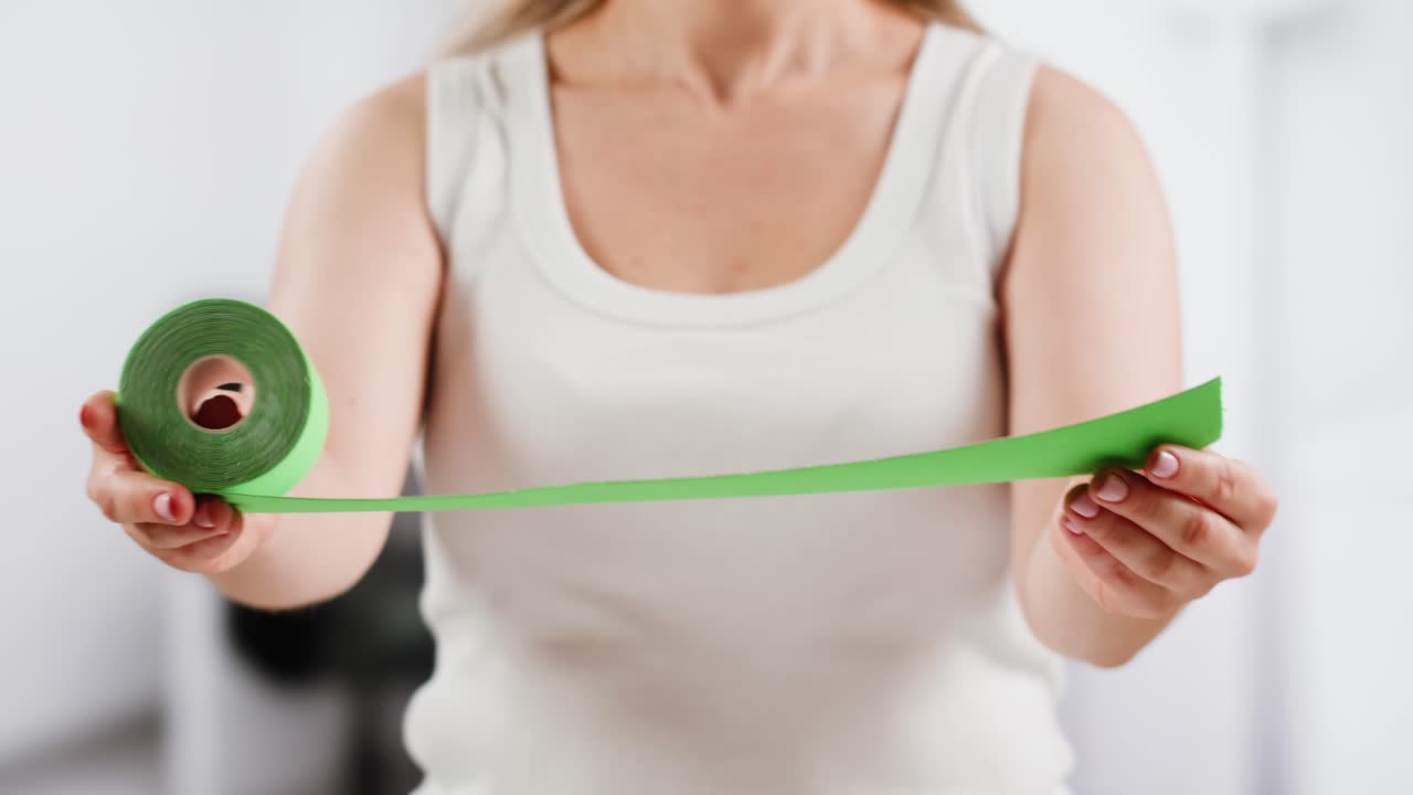 Kinesiology medical taping, doctor Physical therapist applying elastic surgical tape to patient body, treating injured knee young athlete.Post traumatic rehabilitation, sport physical therapy recovery