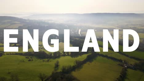 aerial drone shot of fields and countryside in uk with animated graphic spelling out england