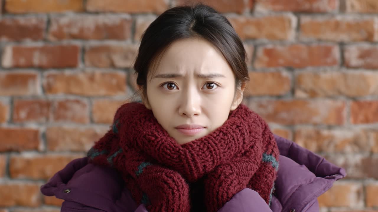 A Young Woman with an Intrigued Expression, Surrounded by a Cozy Atmosphere, Captured in Two Frames Highlighting Her Concern and Emotional Depth against a Rustic Brick Background