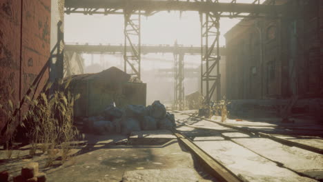 Abandoned industrial area with overgrown vegetation and rusty tracks