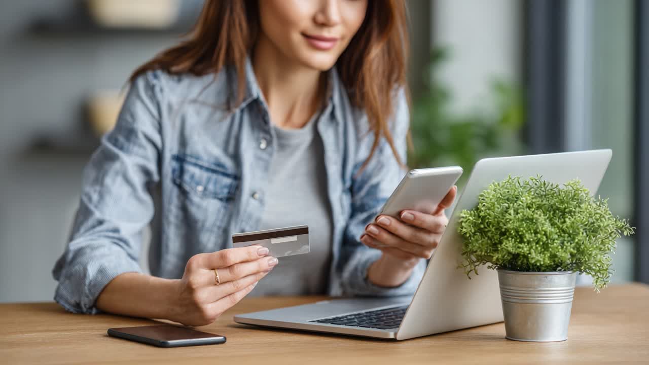 A Young Woman Engaged in Online Shopping, Holding a Credit Card While Using a Smartphone and Laptop, Surrounded by a Potted Plant on a Wooden Table