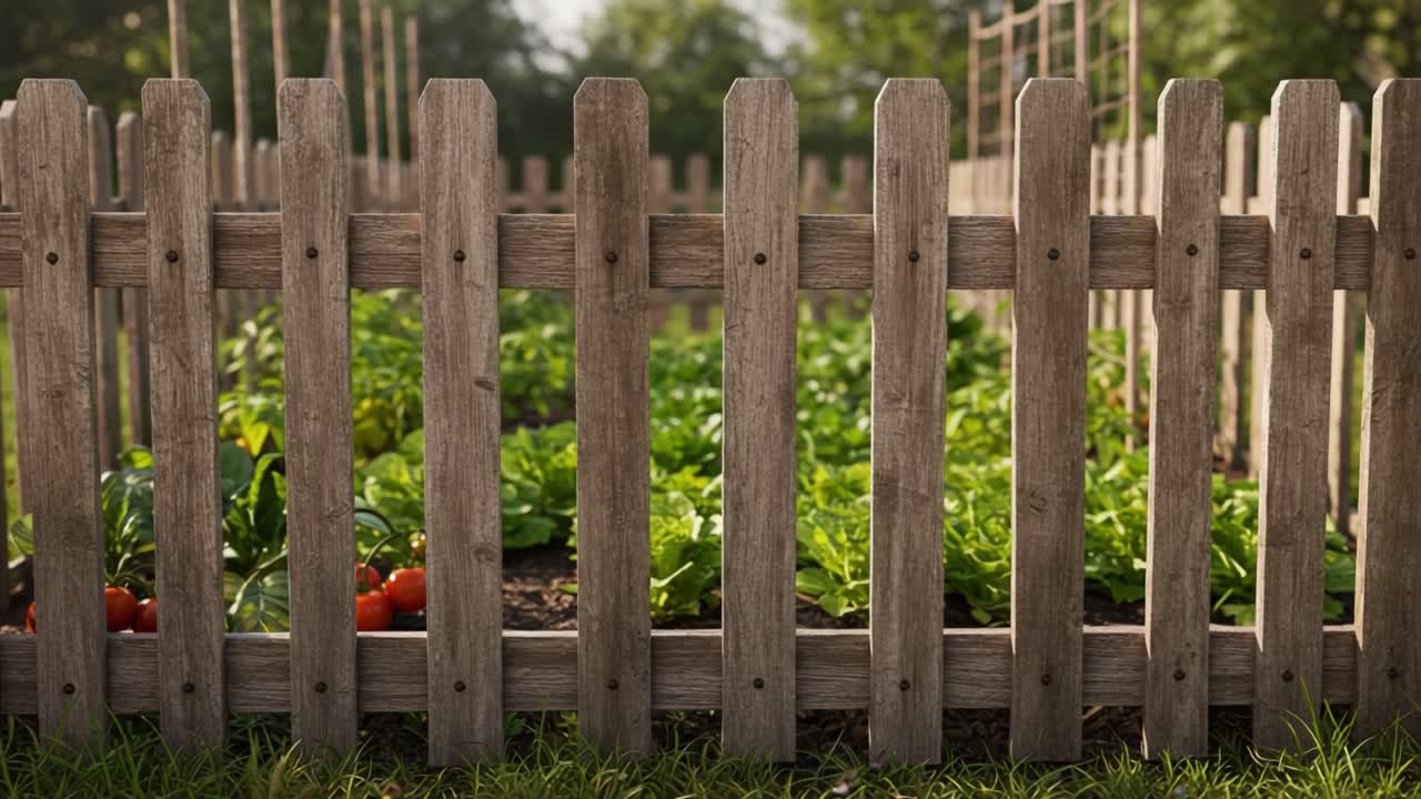 Un tranquillo orto dietro una semplice recinzione di legno che mostra verdure rigogliose e pomodori maturi in un ambiente esterno sereno