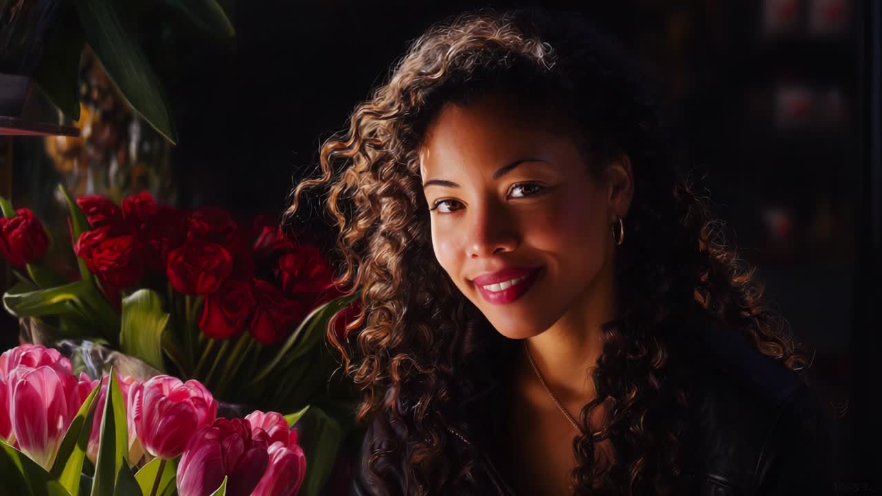 Une belle jeune femme aux cheveux bouclés pose gracieusement au milieu de fleurs éclatantes, avec des tulipes luxuriantes et de riches roses rouges dans un élégant arrangement floral, rayonnant de joie et de charme