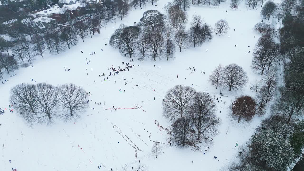 Static aerial shot of people sledding in Piedmont Park Atlanta on snow day January 10th 2025.