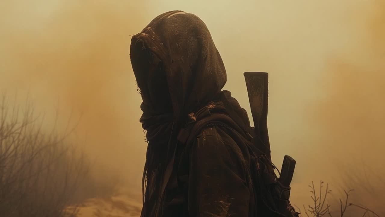 A Hooded Figure in a Post-Apocalyptic Wasteland
