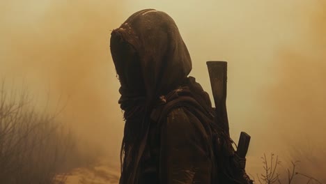 a hooded figure in a post-apocalyptic wasteland