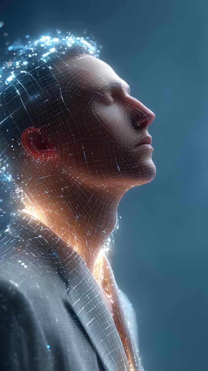 Una trasformazione futuristica: un uomo con una faccia in rete mostra la fusione tra elementi umani e digitali in un bagliore etereo e accattivante