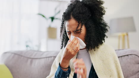 sick woman, tissue and blowing nose in home