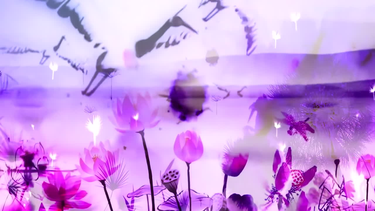 Ethereal Purple Lotus Pond with Flora and Fauna Silhouettes